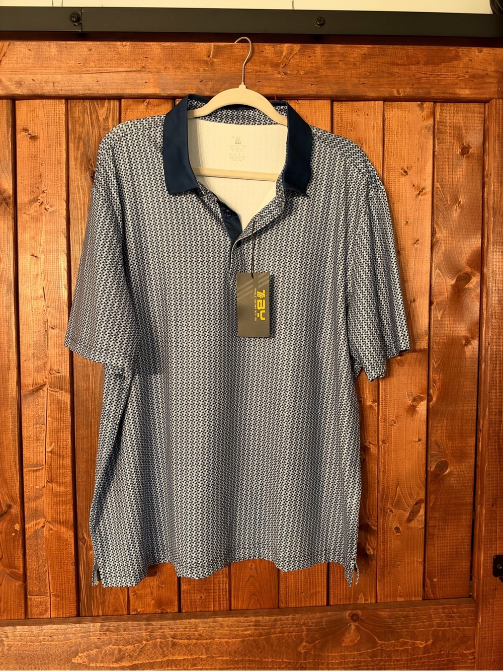 Navy Geometric Short-Sleeve Polo with Contrast Collar Dry Fit XL